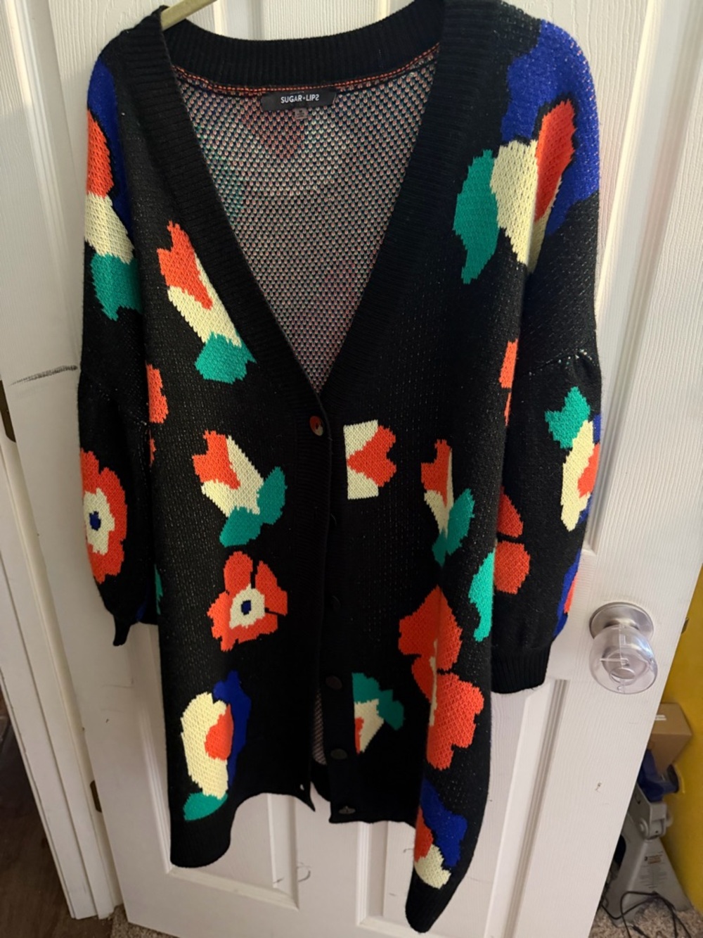 Sugarlips Black Floral Button-Front Sweater Cardigan